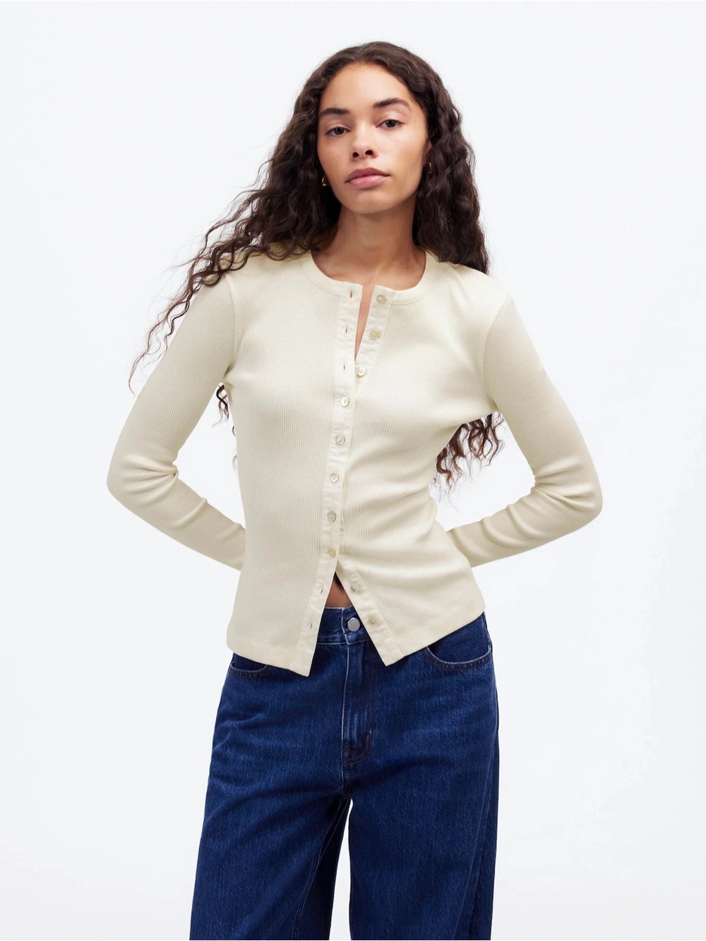 a new day Cream Ribbed Button-Front Long Sleeve Top